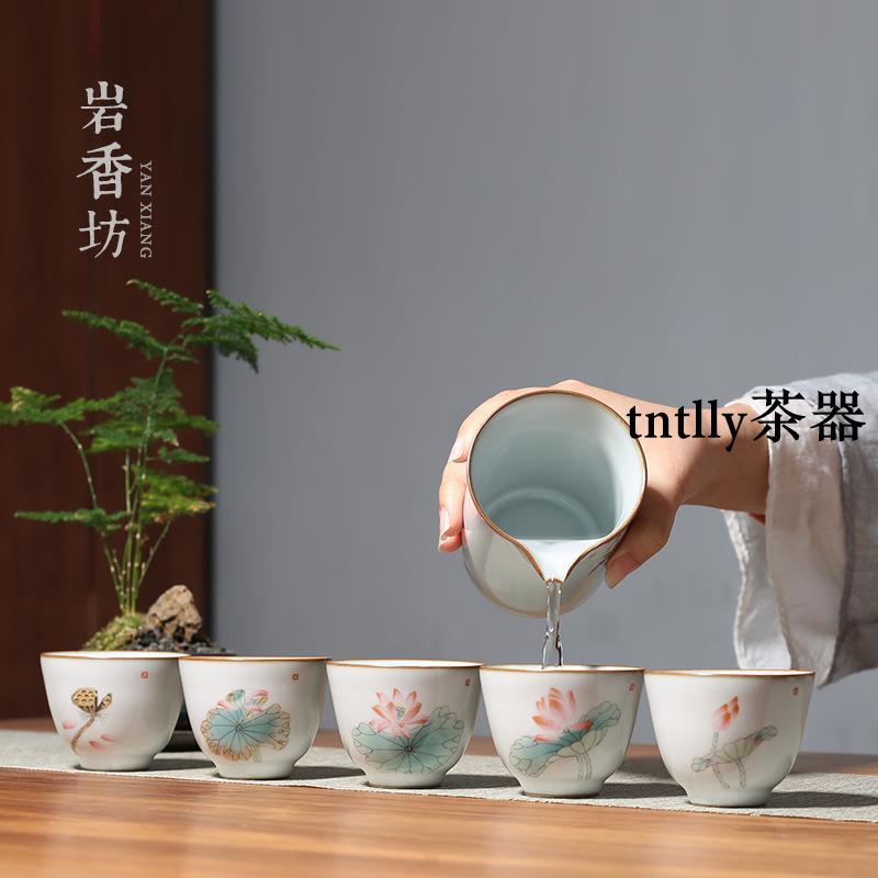 【現貨免運】汝窯開片手繪花開花落主人杯陶瓷茶杯功夫茶具品茗杯單杯 德化茶具-細節圖3