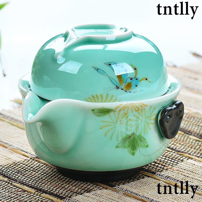 ☕茶壺 手繪青瓷快客杯 特色茶具 一壺一杯旅行便攜陶瓷蓋碗功夫茶具套裝 泡茶組 旅行茶杯組 小泡茶組 陶瓷 旅行-細節圖6