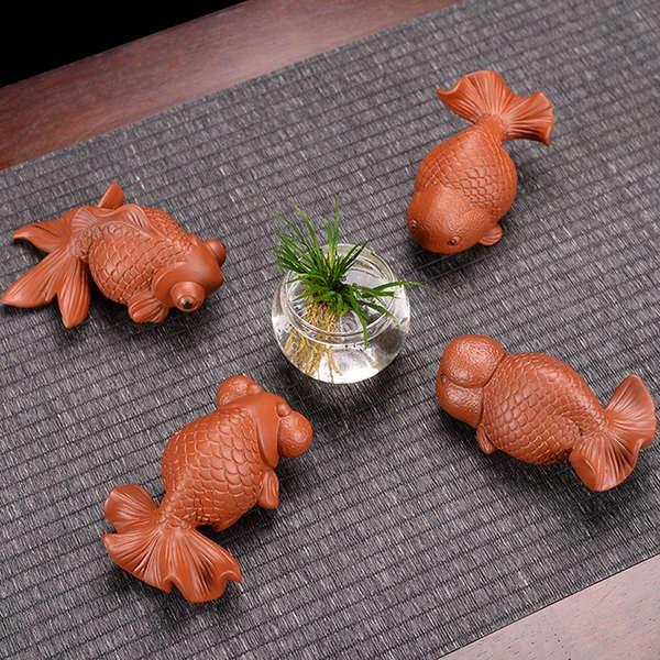 ☕茶寵 茶寵擺件紫砂可養遇水變色招財魚創意個性可愛茶玩茶道茶具盤配件-細節圖2