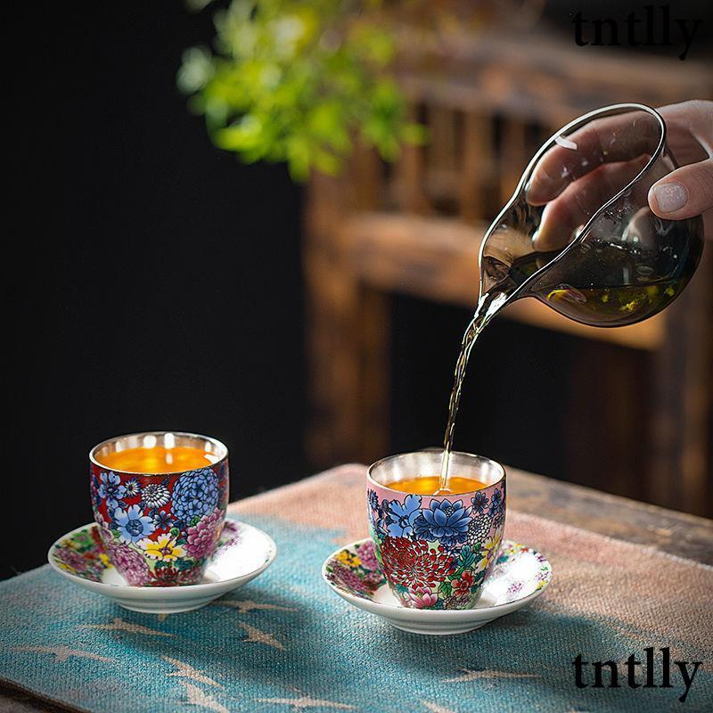 ☕茶具 純銀鎏銀茶杯陶瓷茶具茶杯功夫茶杯主人杯單杯新款6杯琺瑯彩茶杯-細節圖8