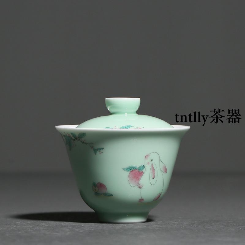 【現貨免運】青瓷全手繪蓋碗 可愛兔子吃蘿卜泡茶碗 陶瓷功夫茶具泡茶碗 德化茶具-細節圖3