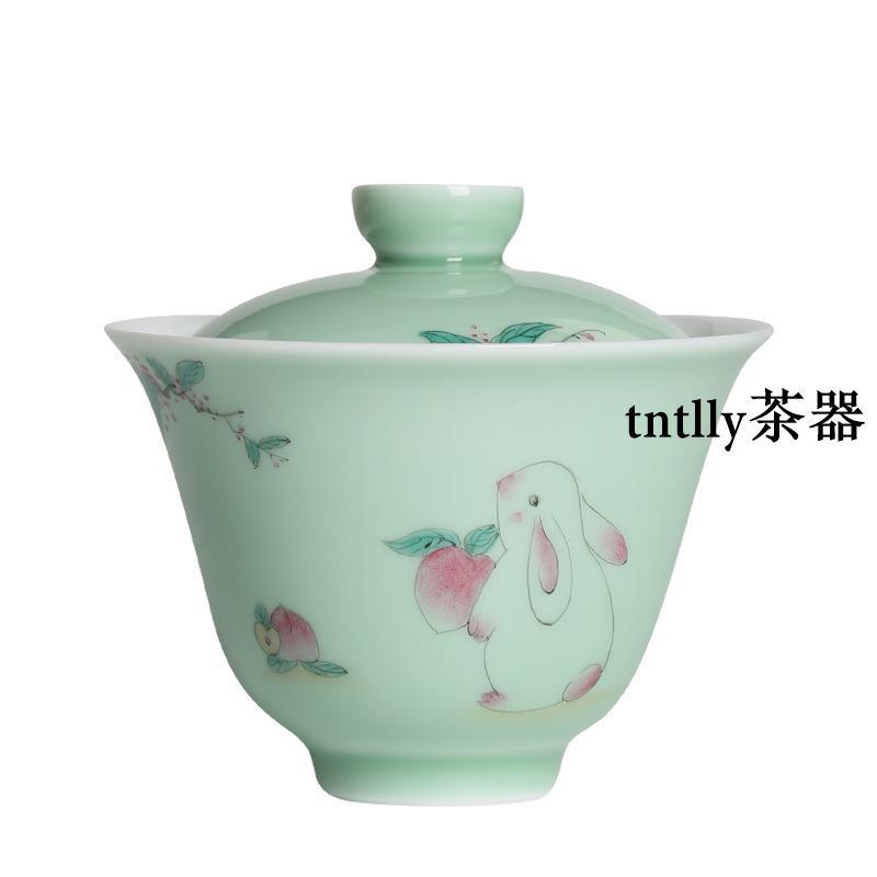 【現貨免運】青瓷全手繪蓋碗 可愛兔子吃蘿卜泡茶碗 陶瓷功夫茶具泡茶碗 德化茶具-細節圖5