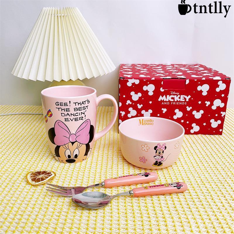 ☕咖啡杯 茶杯 陶瓷碗馬克杯不鏽鋼湯匙餐具4件禮盒草莓熊/米妮/唐老鴨彩盒套裝-細節圖2