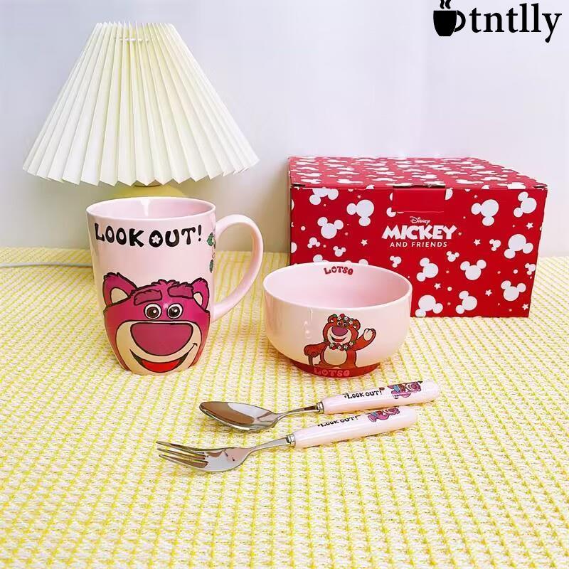 ☕咖啡杯 茶杯 陶瓷碗馬克杯不鏽鋼湯匙餐具4件禮盒草莓熊/米妮/唐老鴨彩盒套裝-細節圖4