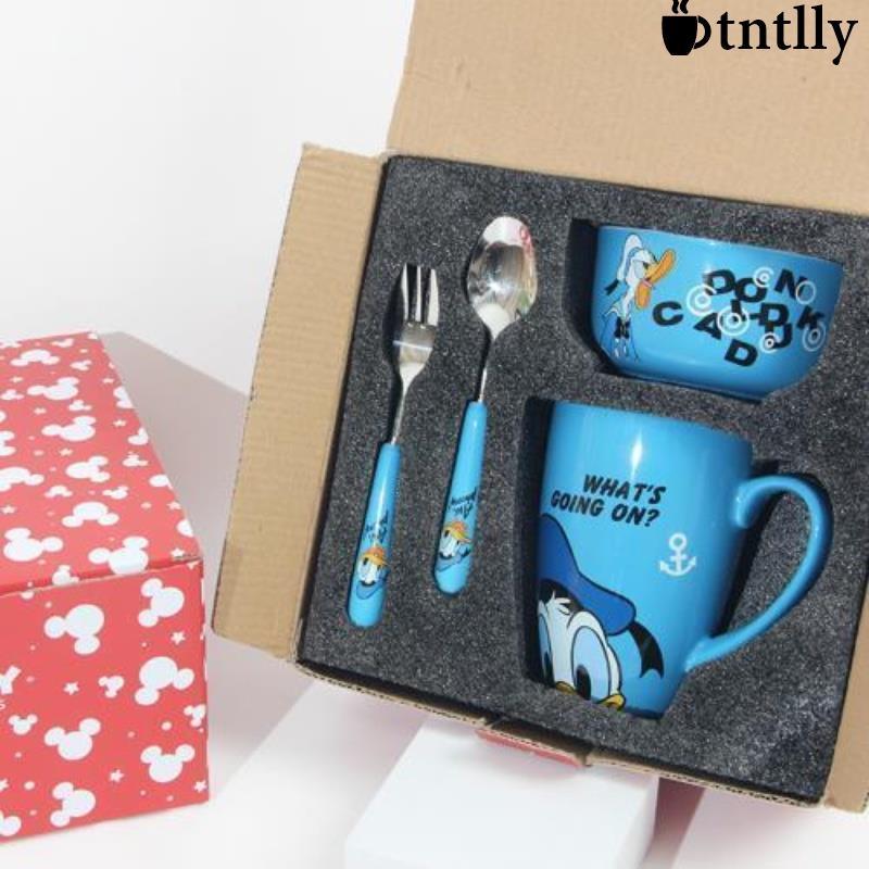 ☕咖啡杯 茶杯 陶瓷碗馬克杯不鏽鋼湯匙餐具4件禮盒草莓熊/米妮/唐老鴨彩盒套裝-細節圖8