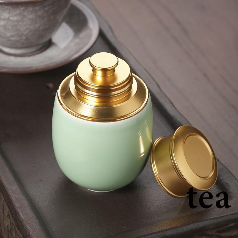 ☕茶具 tea青瓷密封茶葉罐金屬蓋日式陶瓷便攜小號茶罐便攜哥窯存茶罐茶葉盒-細節圖3