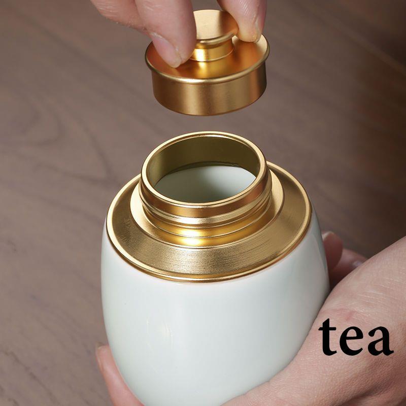 ☕茶具 tea青瓷密封茶葉罐金屬蓋日式陶瓷便攜小號茶罐便攜哥窯存茶罐茶葉盒-細節圖5