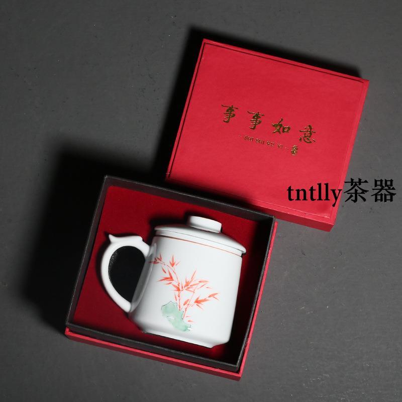【現貨免運】德化白瓷手繪竹子馬克杯喝水大茶杯帶蓋過濾茶水分離水杯 德化茶具-細節圖3