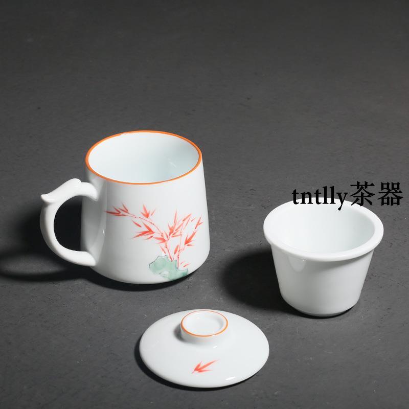 【現貨免運】德化白瓷手繪竹子馬克杯喝水大茶杯帶蓋過濾茶水分離水杯 德化茶具-細節圖4