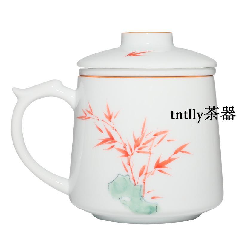 【現貨免運】德化白瓷手繪竹子馬克杯喝水大茶杯帶蓋過濾茶水分離水杯 德化茶具-細節圖5
