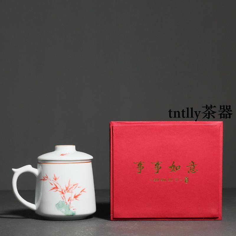 【現貨免運】德化白瓷手繪竹子馬克杯喝水大茶杯帶蓋過濾茶水分離水杯 德化茶具-細節圖7