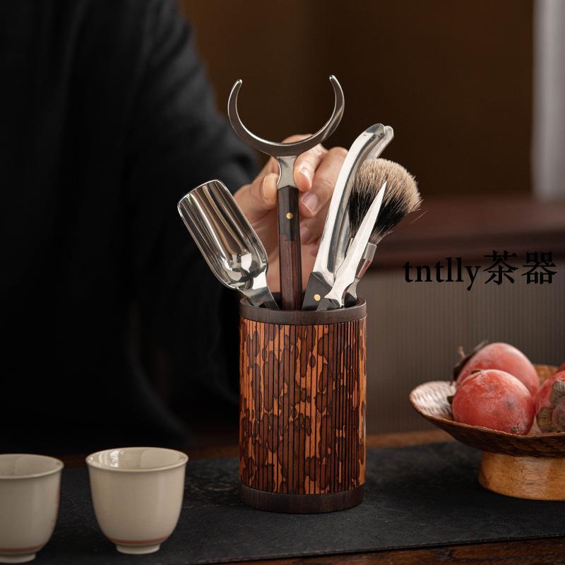 【現貨免運】茶道六君子湘妃竹茶具配件茶勺茶夾 中式茶道筒收納 配件套裝 德化茶具-細節圖3