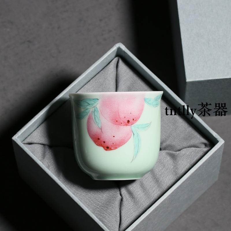 【現貨免運】青瓷手繪桃子大號主人杯小清新功夫茶具家用茶杯簡約 德化茶具-細節圖2