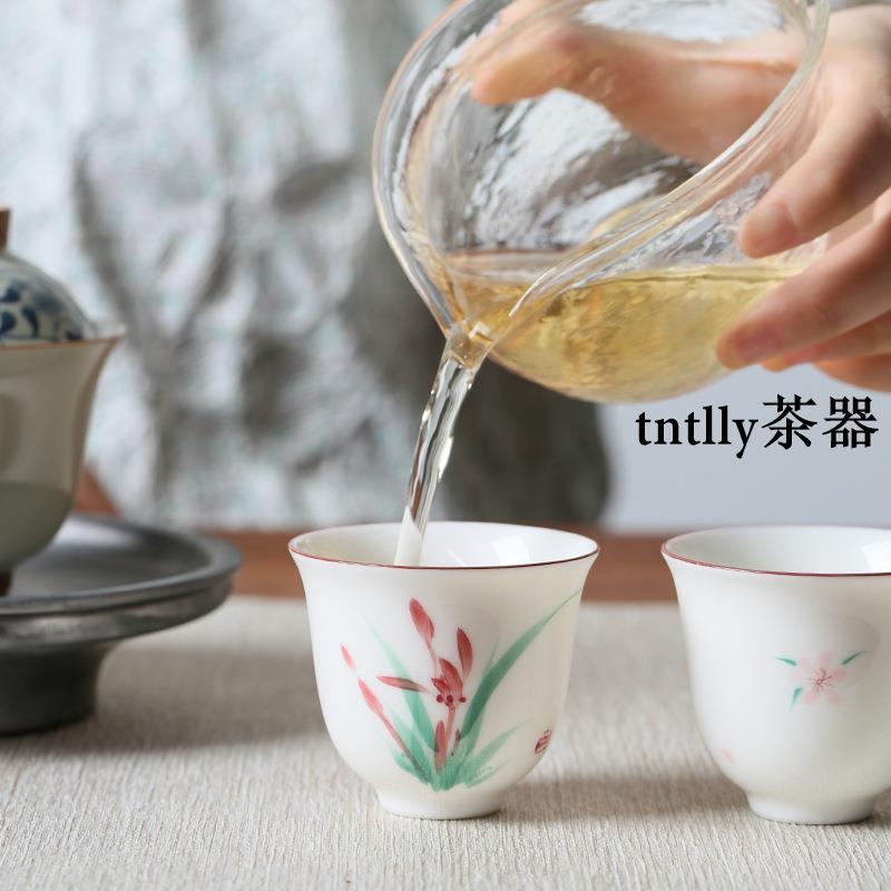 【現貨免運】手繪白瓷蘭杯 中式釉下彩品茗杯家用陶瓷功夫茶具 德化茶具-細節圖2