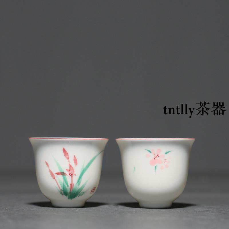 【現貨免運】手繪白瓷蘭杯 中式釉下彩品茗杯家用陶瓷功夫茶具 德化茶具-細節圖3