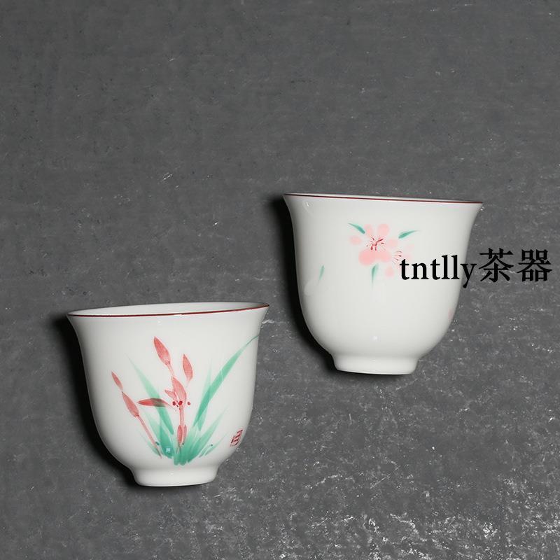 【現貨免運】手繪白瓷蘭杯 中式釉下彩品茗杯家用陶瓷功夫茶具 德化茶具-細節圖4