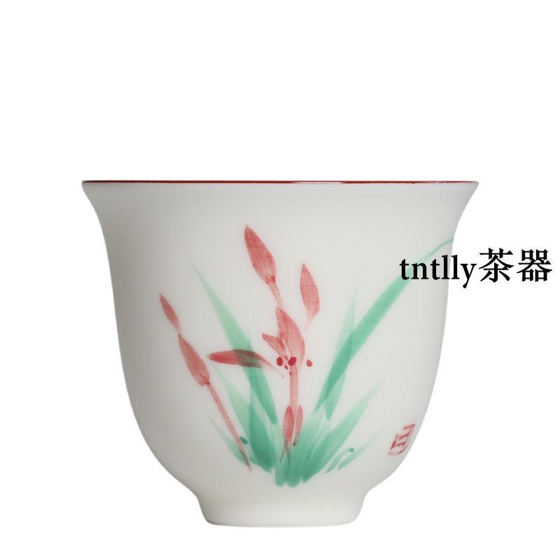 【現貨免運】手繪白瓷蘭杯 中式釉下彩品茗杯家用陶瓷功夫茶具 德化茶具-細節圖5