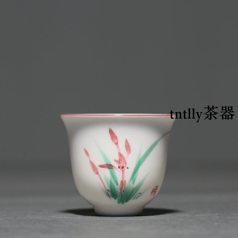 【現貨免運】手繪白瓷蘭杯 中式釉下彩品茗杯家用陶瓷功夫茶具 德化茶具-細節圖7