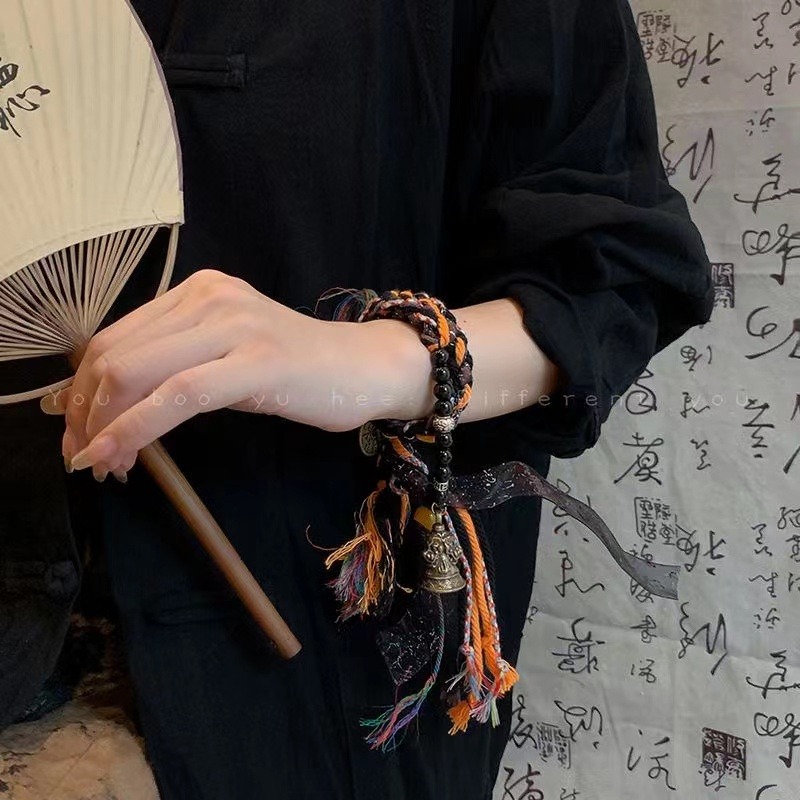 山鬼花錢 手鏈 手環 招財手鍊 開運手鍊 鈴鐺手串 百搭復古藏式手工 編織繩-細節圖3