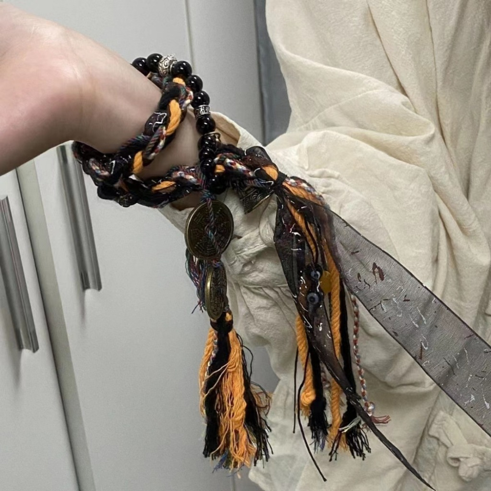 山鬼花錢 手鏈 手環 招財手鍊 開運手鍊 鈴鐺手串 百搭復古藏式手工 編織繩-細節圖4
