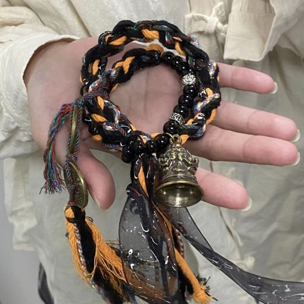 山鬼花錢 手鏈 手環 招財手鍊 開運手鍊 鈴鐺手串 百搭復古藏式手工 編織繩-細節圖5
