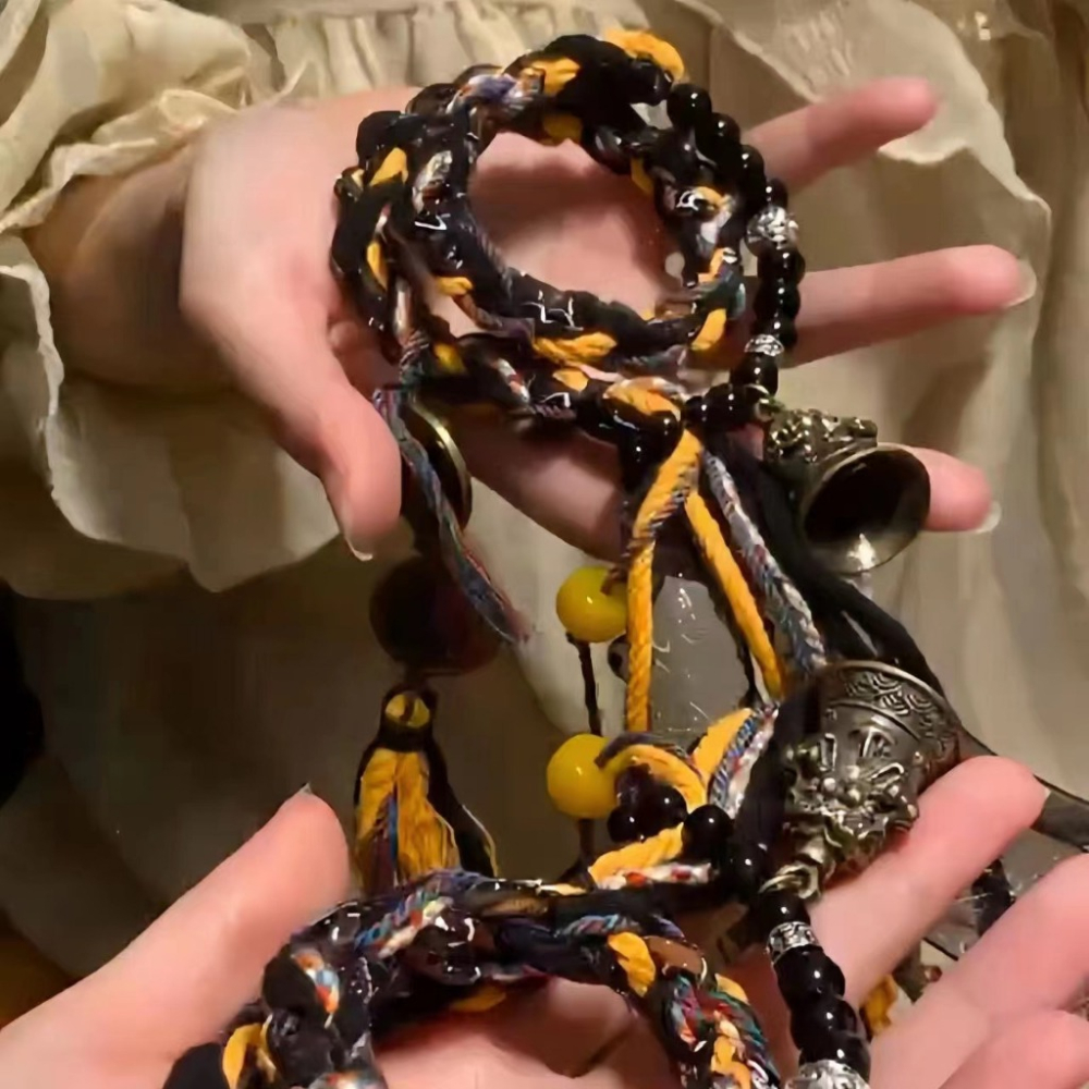 山鬼花錢 手鏈 手環 招財手鍊 開運手鍊 鈴鐺手串 百搭復古藏式手工 編織繩-細節圖6