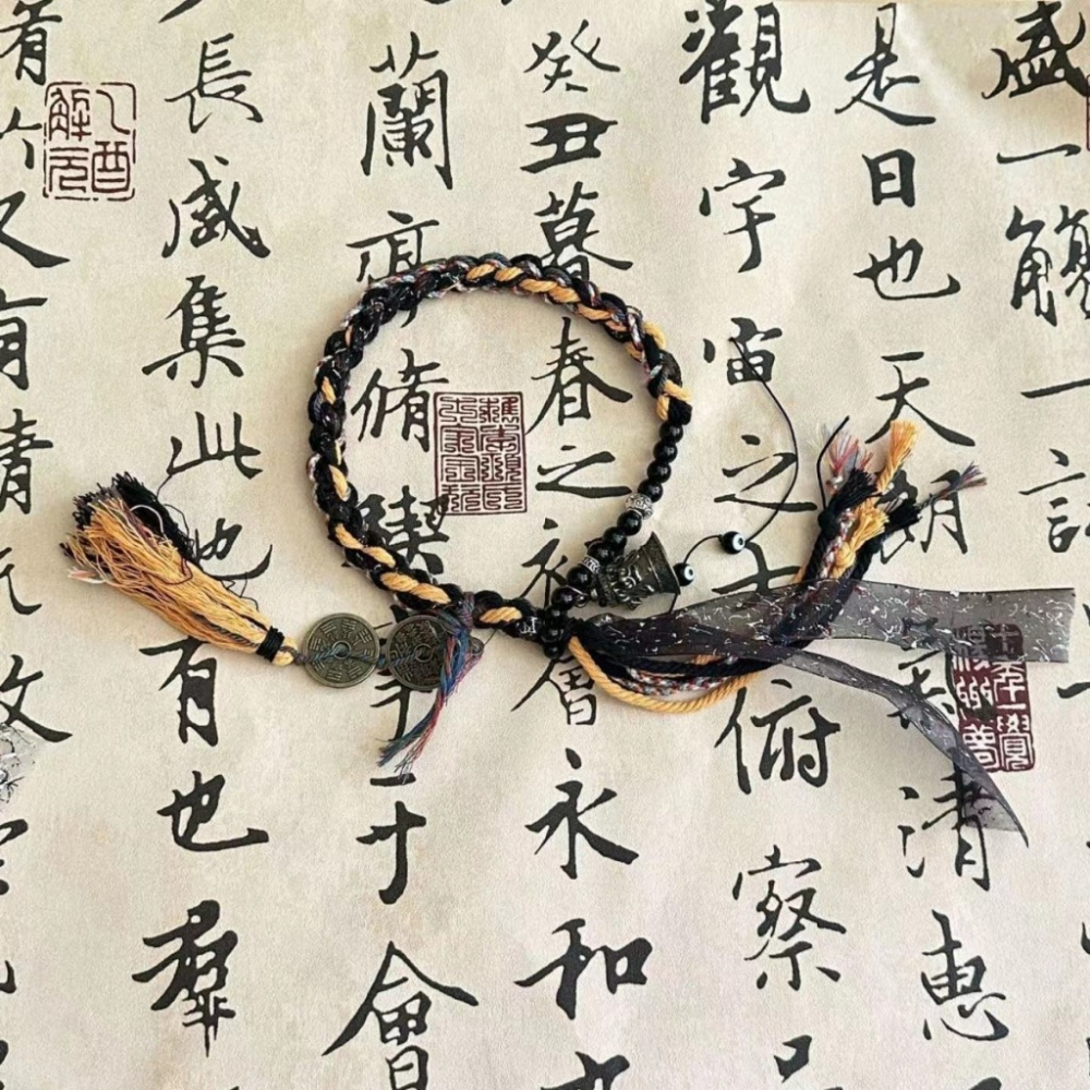 山鬼花錢 手鏈 手環 招財手鍊 開運手鍊 鈴鐺手串 百搭復古藏式手工 編織繩-細節圖8