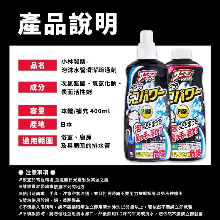 【日本原裝進口 台灣現貨】 小林製藥 泡沫水管清潔疏通劑 400ml 泡沫疏通 汙垢堵塞 分解汙垢毛髮頭髮 廁所 衛浴-細節圖5