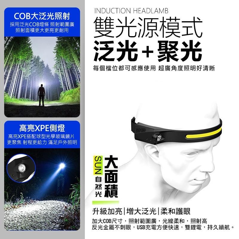 防水 超廣角 感應頭燈 COB頭燈 登山頭燈 工作頭燈 釣魚頭燈 手電筒 露營 釣魚 登山 LED 頭燈 USB充電-細節圖4