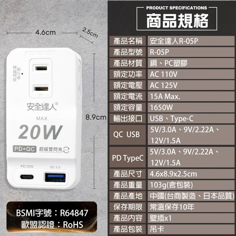 安全達人R-05P 20W PD/QC 壁插 新版安規 PTP 快充 USB TYPEC 高溫自動斷電 插座 快充USB-細節圖8