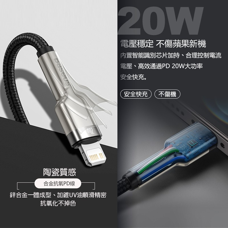 倍思 20W PD快充線 金屬卡福樂 Type-C to iPhone PD快充 PD充電線 PD線 PD 快充線-細節圖3