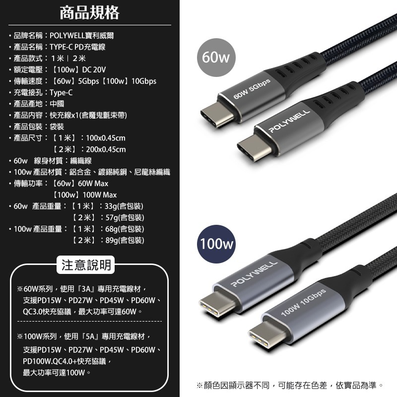 POLYWELL TYPE-C PD充電線 pd 快充線 typec充電線 雙typec 安卓快充線 寶利威爾 適用安卓-細節圖9