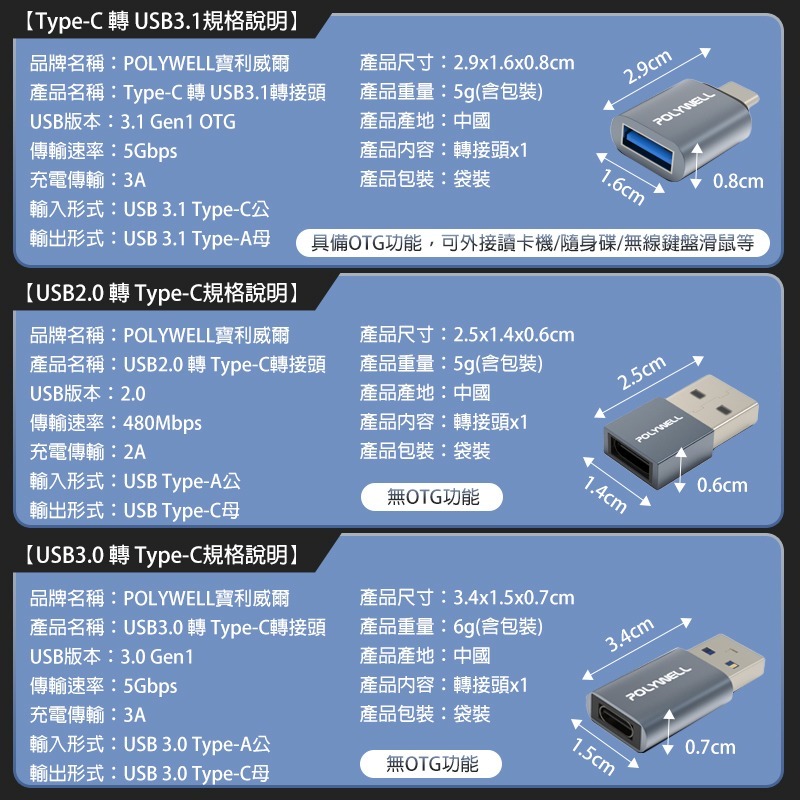 POLYWELL轉接頭 TypeC轉USB USB轉TypeC TypeC轉蘋果 USB轉蘋果 蘋果轉接頭 OTG轉接頭-細節圖9