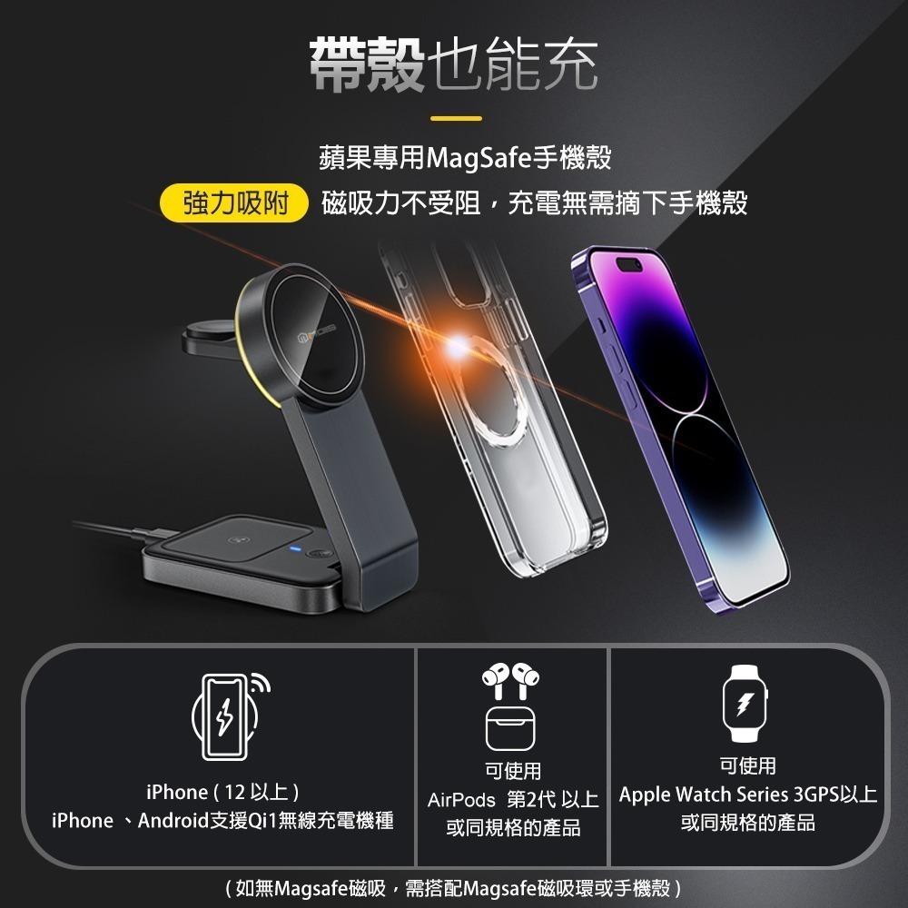 MOIS 摩世 15W 折疊三合一磁吸充電座 支援Magsafe 充電盤 充電器 BSMI NCC 雙認證 信星科技-細節圖8