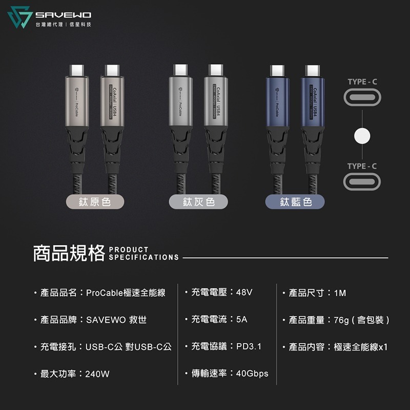 信星科技 SAVEWO 救世 ProCable 極速全能線 240W 雙USB-C 40Gbps PD 快充線 傳輸線-細節圖10