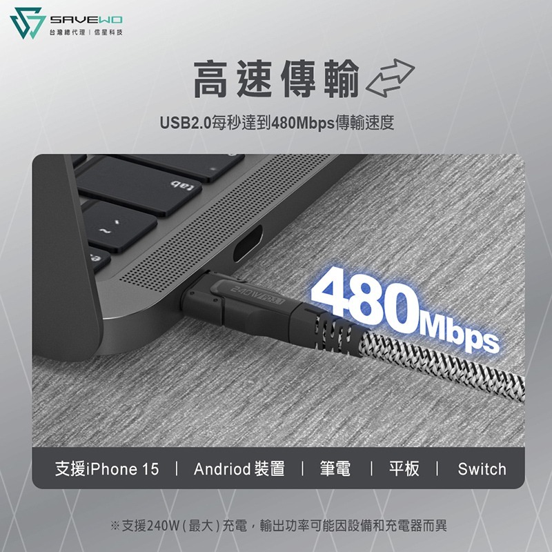 信星科技 SAVEWO 救世 PowerCable 極速快充線 240W 雙USB-C 480Mbps 傳輸線-細節圖5