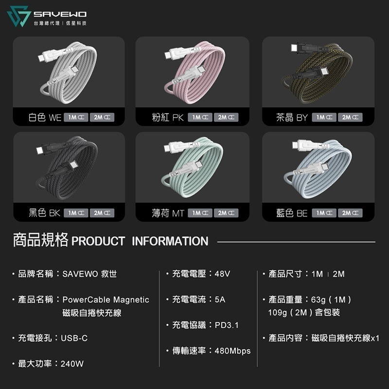 信星科技 SAVEWO 救世 PowerCable 磁吸自捲快充線 240W 雙USB-C 480Mbps PD 傳輸線-細節圖10