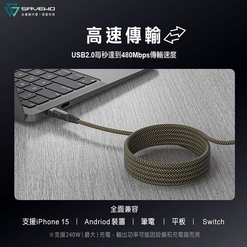 信星科技 SAVEWO 救世 PowerCable 磁吸自捲快充線 240W 雙USB-C 480Mbps PD 傳輸線-細節圖5