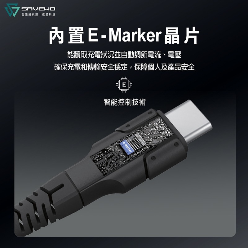 信星科技 SAVEWO 救世 PowerCable 磁吸自捲快充線 240W 雙USB-C 480Mbps PD 傳輸線-細節圖7