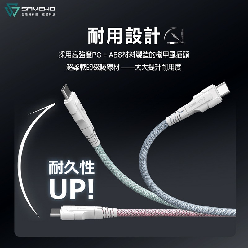 信星科技 SAVEWO 救世 PowerCable 磁吸自捲快充線 240W 雙USB-C 480Mbps PD 傳輸線-細節圖8