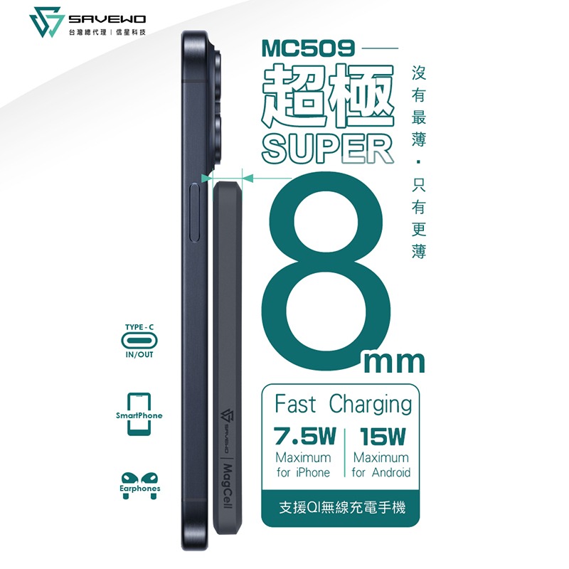 信星科技 SAVEWO 救世 MagCell MC509 磁能寶 5000mAh 磁吸行動電源 USB-C PD 快充-細節圖3