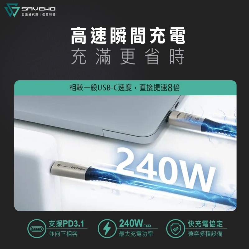信星科技 SAVEWO 救世 ProCable 極速全能線 2米 240W 雙USB-C 40Gbps 快充線 傳輸線-細節圖3