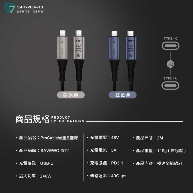 信星科技 SAVEWO 救世 ProCable 極速全能線 2米 240W 雙USB-C 40Gbps 快充線 傳輸線-細節圖10