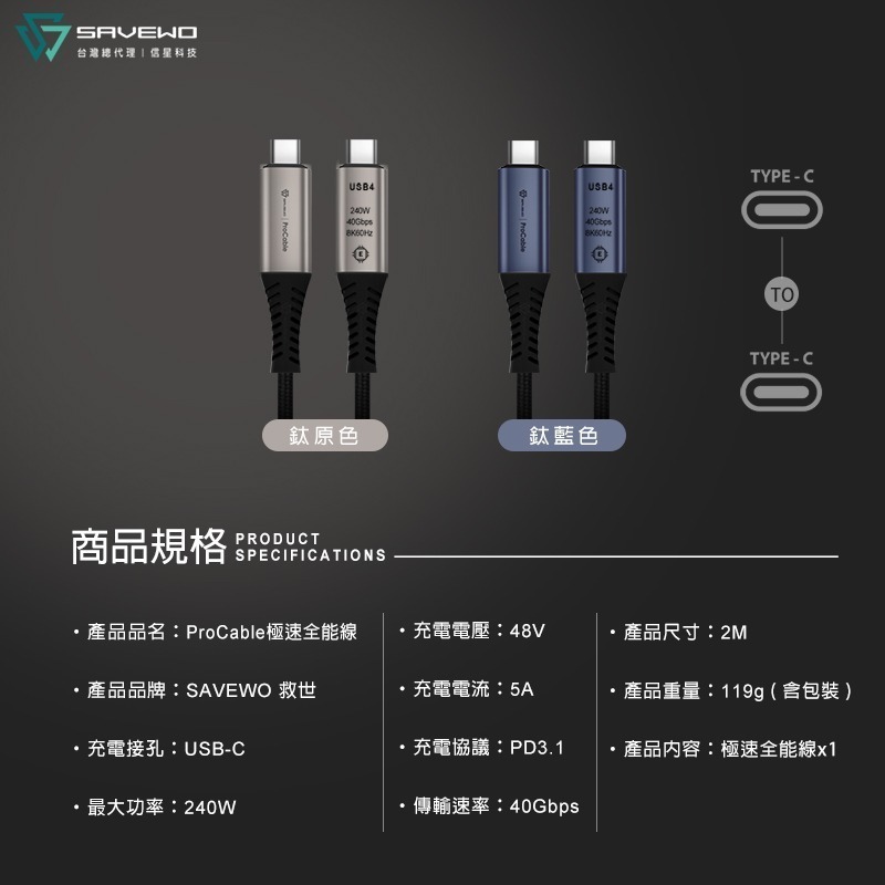 信星科技 SAVEWO 救世 ProCable 極速全能線 2米 240W 雙USB-C 40Gbps 快充線 傳輸線-細節圖10