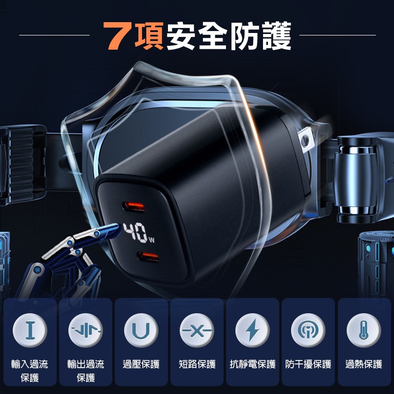 CYKE 雙Type-C 40W GaN氮化鎵充電器 雙孔充電頭 快充頭 充電器 充電頭 PD快充 插頭 螢幕顯示功率-細節圖3