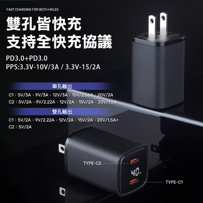 CYKE 雙Type-C 40W GaN氮化鎵充電器 雙孔充電頭 快充頭 充電器 充電頭 PD快充 插頭 螢幕顯示功率-細節圖6