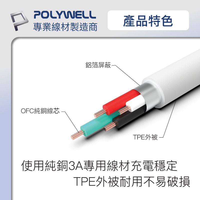 POLYWELL 寶利威爾 18W USB to TypeC 50公分~2米 480Mbps 充電線 傳輸線 台灣現貨-細節圖4