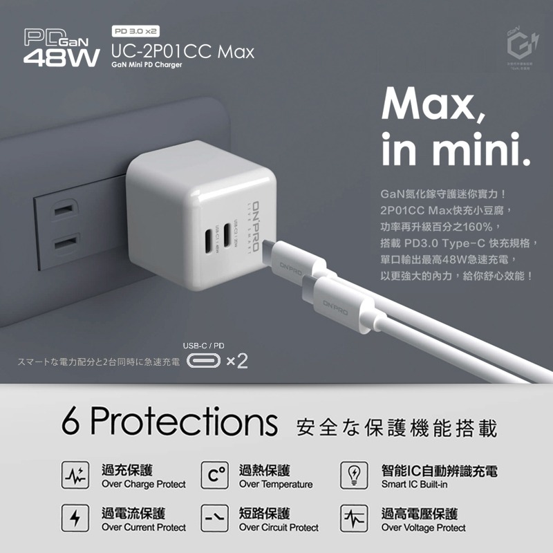 ONPRO UC-2P01CC MAX 氮化鎵GaN 48W 雙Type-C 超急速PD充電器 快充頭 充電頭 豆腐頭-細節圖5