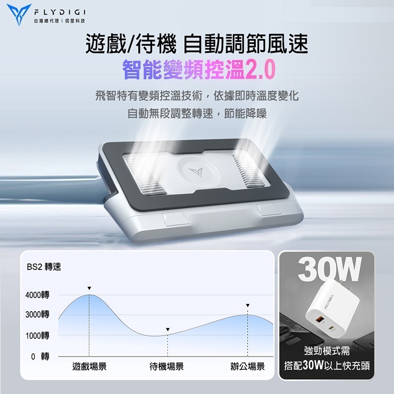 飛智 BS2 壓風式筆電散熱底座 3000RPM 雙重降噪 智能變頻控溫2.0 可拆卸防塵網設計 筆電散熱神器 信星科技-細節圖6