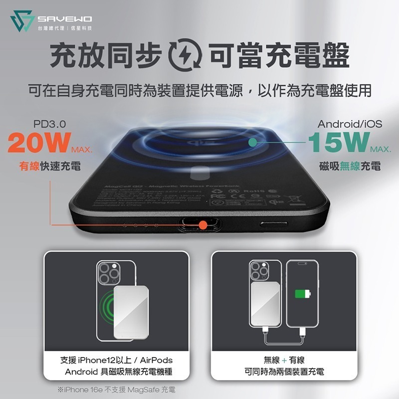 信星科技 救世 SAVEWO Qi2 磁吸行動電源 5000mAh 15W 可上飛機 Wh標示 MC511Q2  行動充-細節圖4